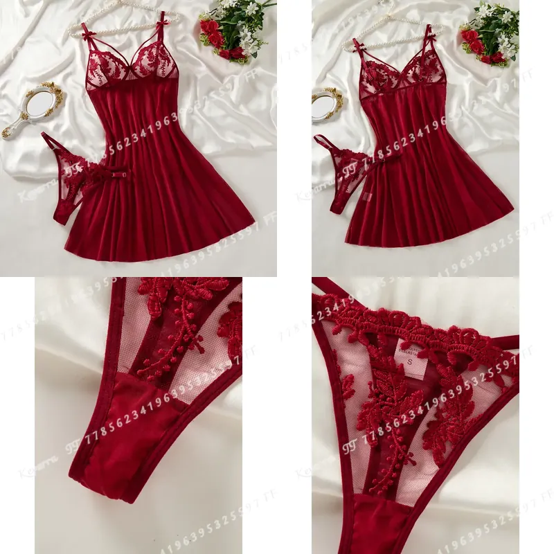 Embroidery Design - Wijnrode damesnachthemd in landelijke stijl met