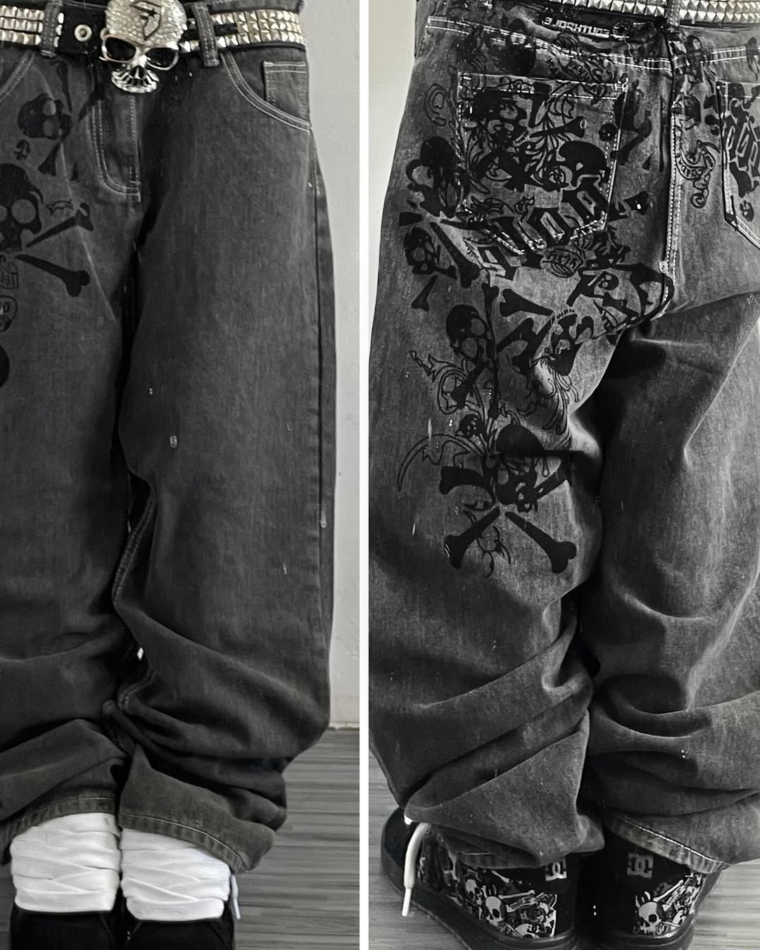 Embroidery On Jeans - Y2K Straat Nieuwe Schedel Geborduurde Jeans