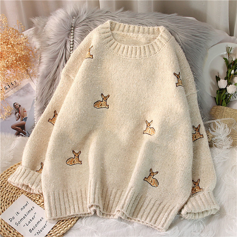 Embroidery Thread Yarn - Nieuwe damestrui Kawaii Ulzzang Vintage hertenborduurtrui